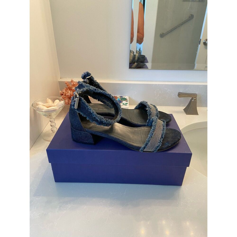 Stuart Weitzman Navy Strappy Ankle Wrap Block Heels Denim Sandals 6.5 - Picture 6 of 8
